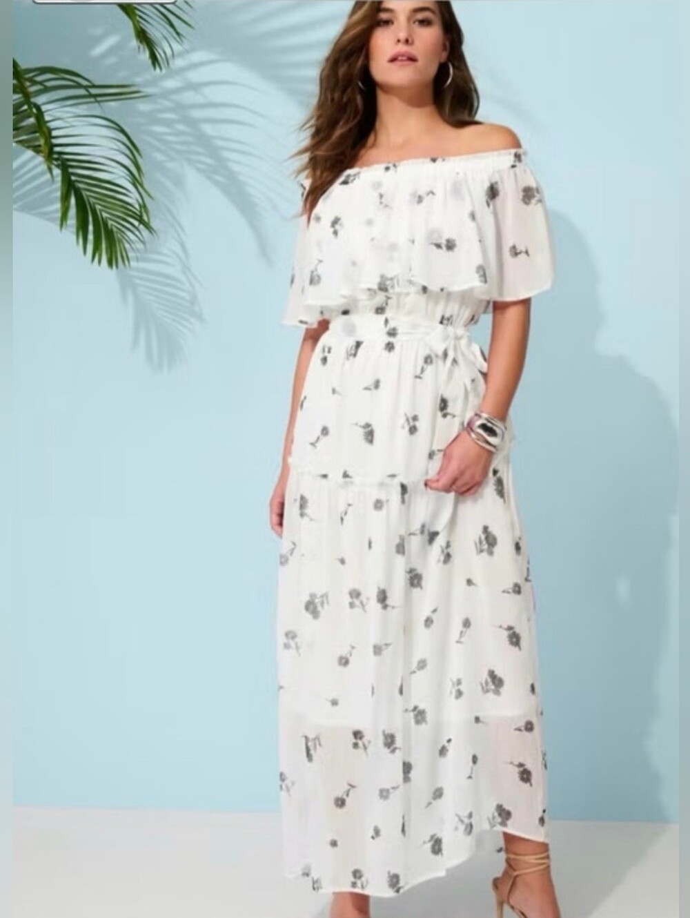 Roamans Plus Size Chiffon Off-the-Shoulder Maxi Dress